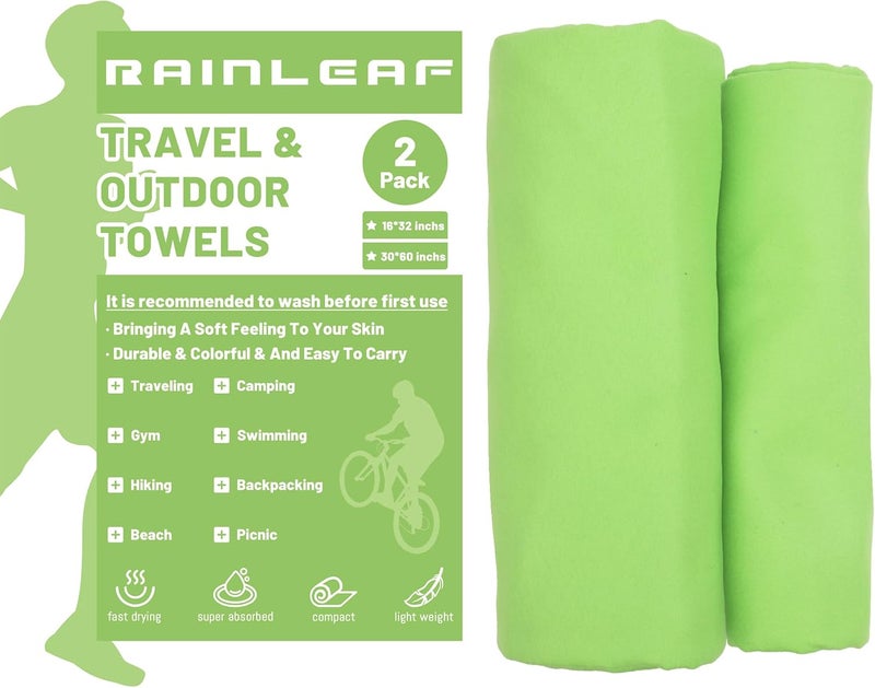 Rainleaf 2 Pack Microfiber Quick Dry Travel Towel, Super Absorbent Ultra Compact Lightweight Camping Towel for Gym, Hiking, Pool, Yoga - Green - Image 1